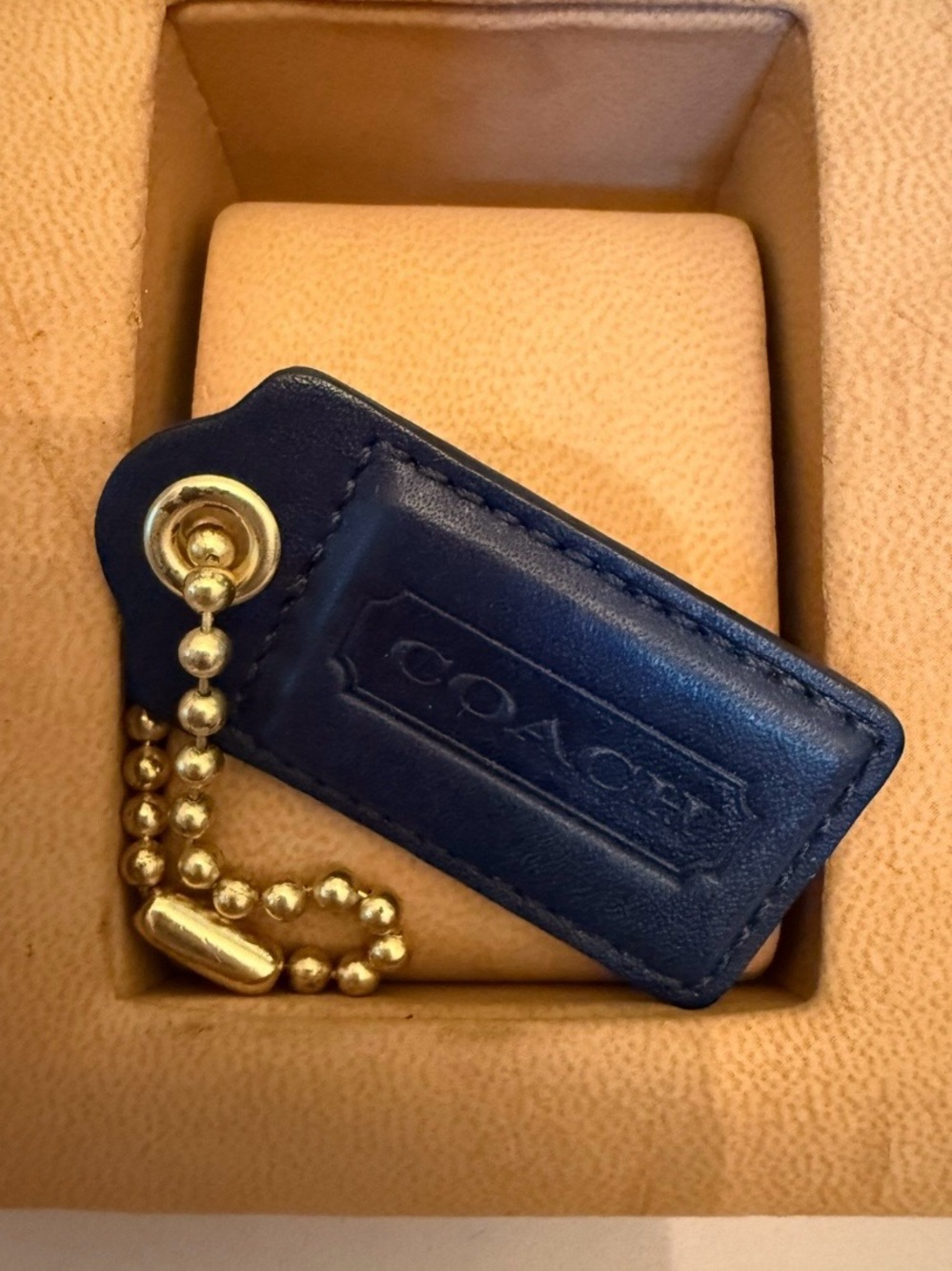 COACH Navy Leather Key Tag with Gold-Tone Ball Chain 2.25”X 1”